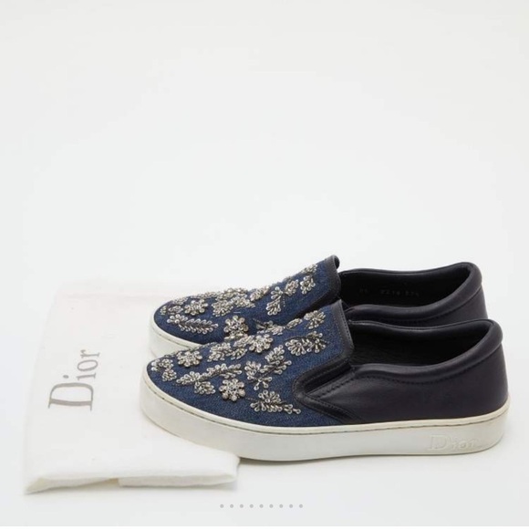 Dior Blue/Black Denim and Leather Happy Crystals Slip On Sneakers 36 1/2 - Picture 4 of 12